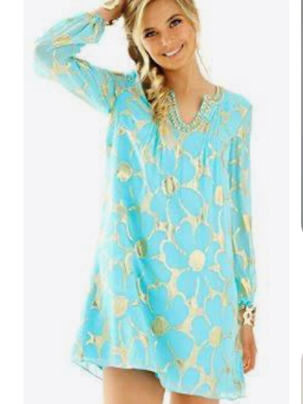 Lilly Pulitzer Colby Silk Gold Beaded Seaside Aqua Tunic Dress Size 4
